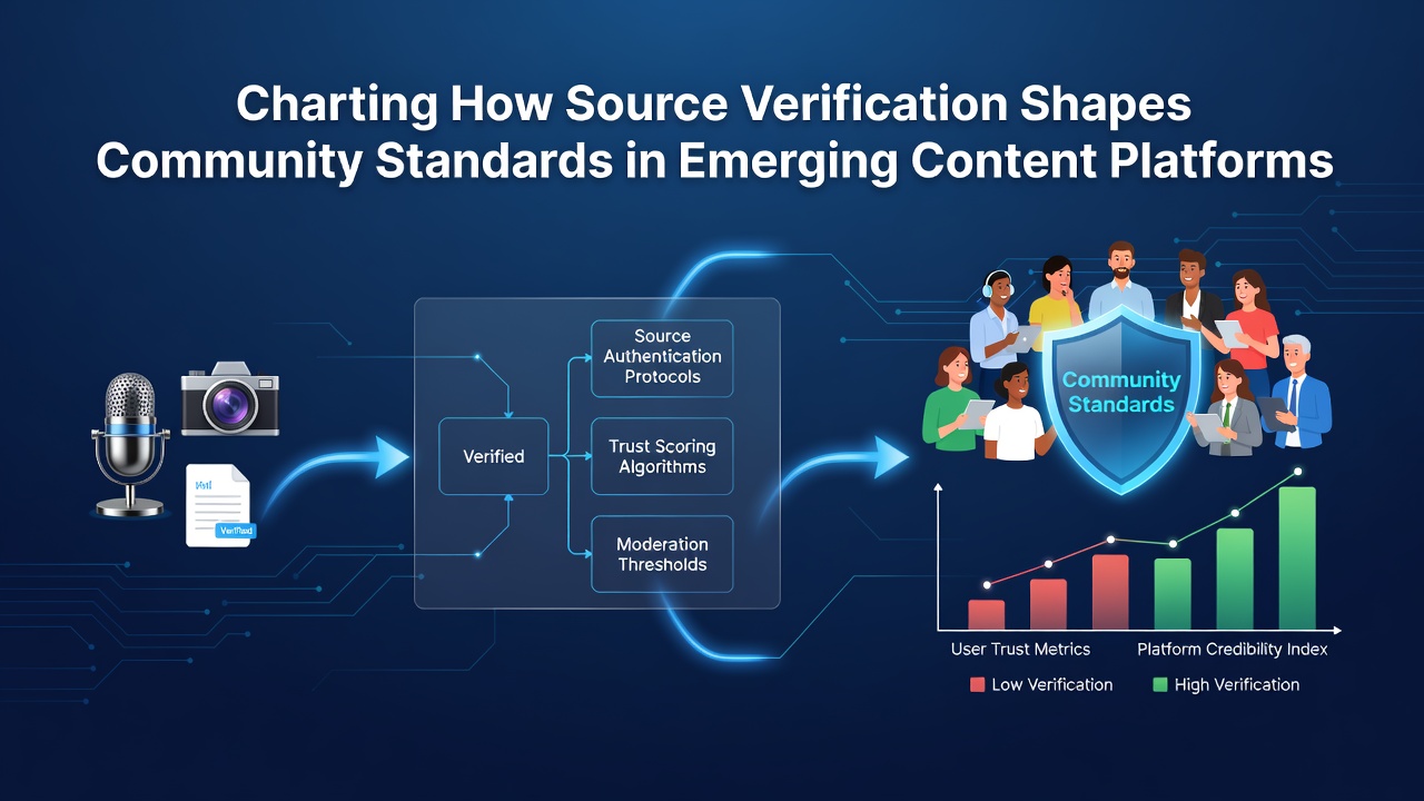 Illustration of source verification processes on emerging digital platforms with interconnected nodes representing data flows and community guidelines
